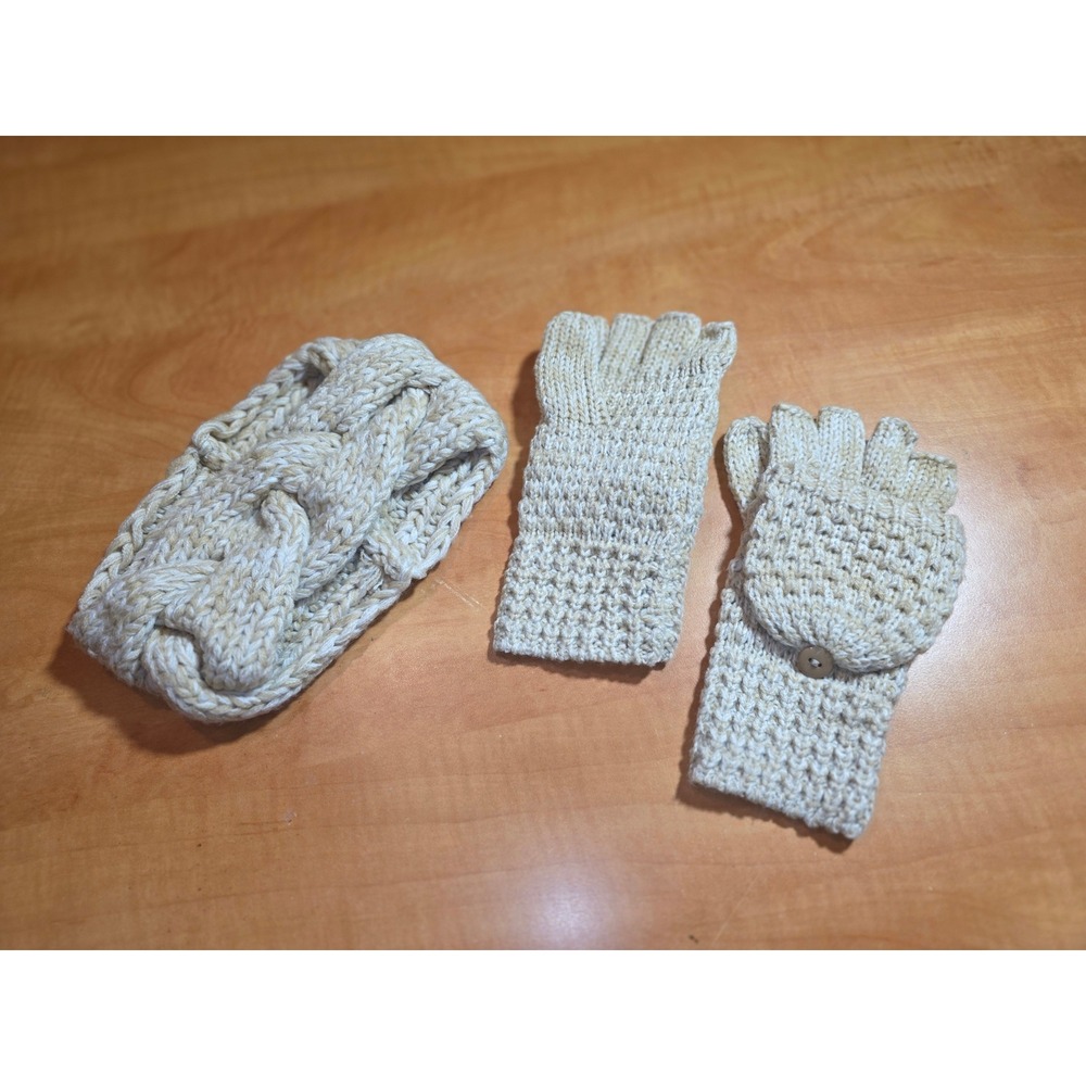Mixit Womens Oatmeal Beige Cable Knit Headband and Convertible Mitten Glove Set